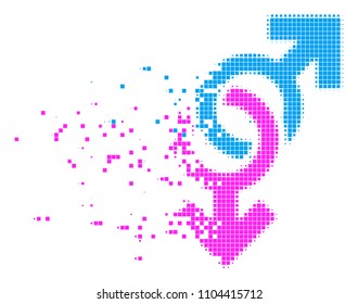Fractured gay symbol dot vector icon with disintegration effect. Rectangular elements are grouped into dissipated gay symbol form.