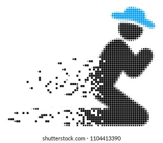 Fractured gentleman pray dot vector icon with disintegration effect. Rectangle points are organized into disappearing gentleman pray figure.