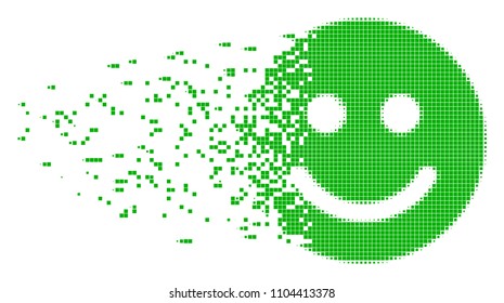 Fractured glad smile dot vector icon with disintegration effect. Rectangle fragments are combined into disappearing glad smile figure.