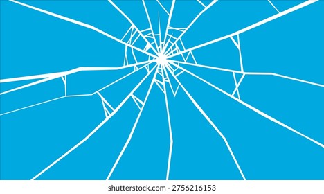Fractured glass shards against a solid blue background with a central crack pattern. Vector illustration