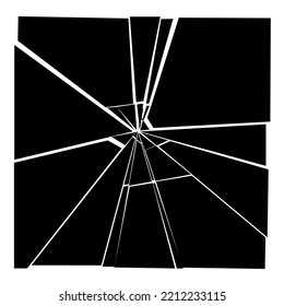 Fractured glass vector object. Black white cracked screen broken glass square pane.