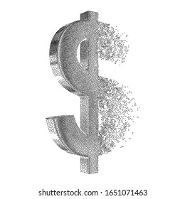 Fractured Gold Dollar value with disappearing effect. Financial crisis concept. Dotwork Halftone Style Monochrome Gradient Vector Illustration.