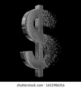 Fractured Gold Dollar value with disappearing effect. Financial crisis concept. Dotwork Halftone Style Monochrome Gradient Vector Illustration.