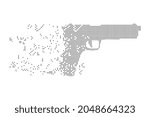 Fractured gun, dot vector icon with disintegration effect. Square pieces are organized into dissolving pistol gun shape. Black on white background