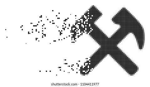 Fractured hammers dot vector icon with disintegration effect. Rectangle elements are arranged into disappearing hammers shape. Pixel explosion effect shows speed and motion of cyberspace items.