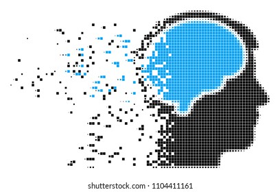 Fractured head brain dotted vector icon with disintegration effect. Square dots are arranged into disappearing head brain figure.