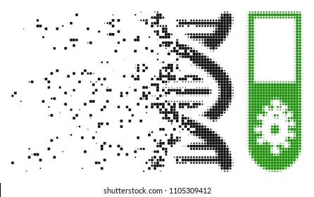 Fractured hitech microbiology dot vector icon with wind effect. Square pieces are composed into damaging hitech microbiology form.
