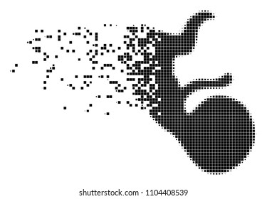 Fractured human embryo dotted vector icon with disintegration effect. Rectangle items are composed into disappearing human embryo shape.