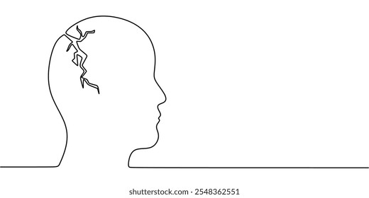 A fractured human face, cracked in a continuous one line drawing, symbolizing psychological distress or fragmentation.