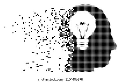 Fractured intellect bulb dotted vector icon with disintegration effect. Square points are grouped into dispersed intellect bulb shape.