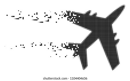 Fractured jet plane dot vector icon with disintegration effect. Square elements are organized into dispersed jet plane form. Pixel dissolving effect shows speed and motion of cyberspace abstractions.