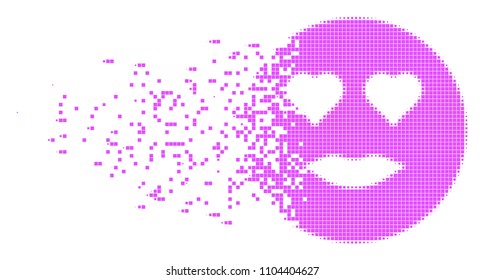 Fractured lady love smiley dot vector icon with disintegration effect. Rectangular elements are organized into dispersed lady love smiley figure.