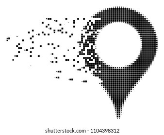 Fractured map marker dot vector icon with disintegration effect. Rectangle pixels are organized into damaging map marker shape. Pixel dissipating effect shows speed and movement of cyberspace items.