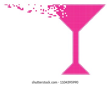 Fractured martini glass dotted vector icon with disintegration effect. Square items are grouped into disappearing martini glass figure.