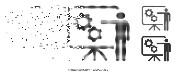 Fractured mechanical gears project board dotted icon with disintegration effect. Halftone pixelated and intact whole gray variants. Dots have square shape.