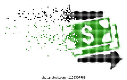 Fractured money exchange dotted vector icon with wind effect. Rectangular items are grouped into disappearing money exchange form.