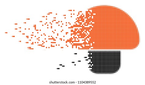 Fractured mushroom dotted vector icon with disintegration effect. Square fragments are arranged into dispersed mushroom shape. Pixel destruction effect shows speed and motion of cyberspace things.