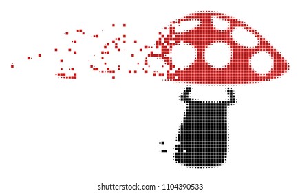 Fractured mushroom dotted vector icon with disintegration effect. Square cells are combined into disappearing mushroom form.