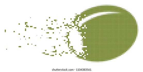 Fractured olive dot vector icon with disintegration effect. Rectangle items are combined into dissolving olive figure. Pixel dissipating effect shows speed and movement of cyberspace matter.