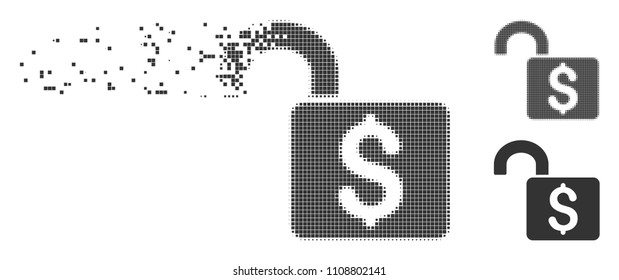 Fractured open banking lock pixel icon with disintegration effect. Halftone pixelated and intact entire grey variants are included.