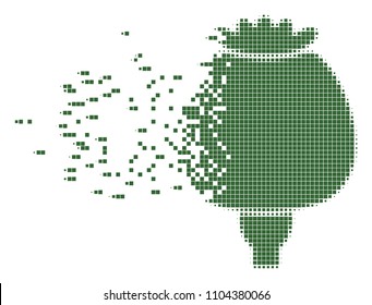 Fractured opium poppy dot vector icon with disintegration effect. Square cells are grouped into dissolving opium poppy figure. Pixel dust effect demonstrates speed and motion of cyberspace things.