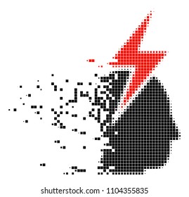 Fractured person stress strike dot vector icon with disintegration effect. Rectangular items are arranged into damaging person stress strike shape.