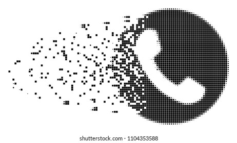 Fractured phone number dot vector icon with disintegration effect. Rectangle items are organized into dispersed phone number shape.