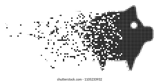 Fractured piggy dot vector icon with erosion effect. Rectangular dots are combined into dispersed piggy form. Pixel dematerialization effect shows speed and movement of cyberspace abstractions.