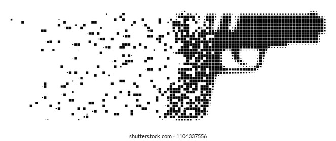 Fractured pistol gun dot vector icon with disintegration effect. Square pieces are organized into dissolving pistol gun shape. Pixel burst effect shows speed and motion of cyberspace objects.
