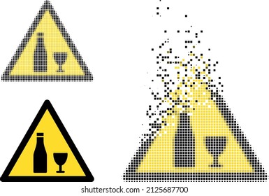 Fractured pixelated alcohol warning vector icon with destruction effect, and original vector image. Pixel dispersing effect for alcohol warning shows speed and movement of cyberspace abstractions.