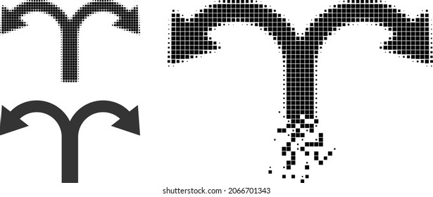 Fractured pixelated bifurcation back arrow icon with halftone version. Vector destruction effect for bifurcation back arrow icon.