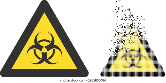 Fractured pixelated biohazard warning vector icon with destruction effect, and original vector image. Pixel dissolving effect for biohazard warning demonstrates speed and motion of cyberspace items.