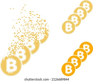 Fractured pixelated bitcoin coin blockchain vector icon with wind effect, and original vector image. Pixel dissolution effect for bitcoin coin blockchain shows speed and motion of cyberspace things.