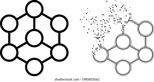 Fractured pixelated blockchain vector icon with destruction effect, and original vector image. Pixel destruction effect for blockchain shows speed and movement of cyberspace items.