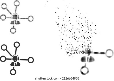 Fractured pixelated call center links vector icon with wind effect, and original vector image. Pixel mist effect for call center links demonstrates speed and movement of cyberspace items.