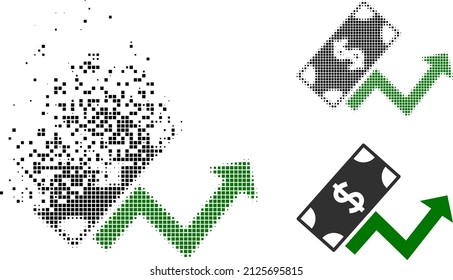 Fractured pixelated dollar growth trend vector icon with wind effect, and original vector image. Pixel disappearing effect for dollar growth trend shows speed and motion of cyberspace items.