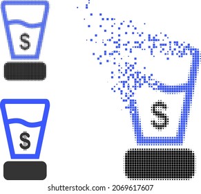Icono de mezclador de dólares pixelado fracturado con versión de medio tono. Efecto de viento vectorial para el icono del mezclador de dólares. El efecto niebla pixelada para la mezcla de dólares muestra el movimiento de las cosas del ciberespacio.