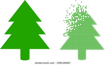 Fractured pixelated fir tree vector icon with wind effect, and original vector image. Pixel explosion effect for fir tree demonstrates speed and movement of cyberspace items.