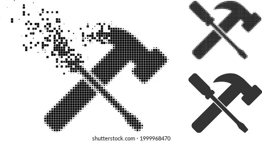 Fractured pixelated hammer and screwdriver pictogram with halftone version. Vector destruction effect for hammer and screwdriver icon.