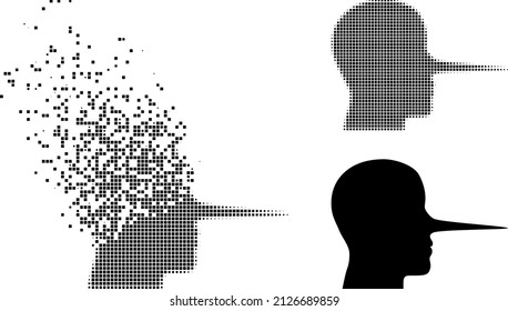 Fractured pixelated liar person vector icon with destruction effect, and original vector image. Pixel destruction effect for liar person shows speed and movement of cyberspace things. svg