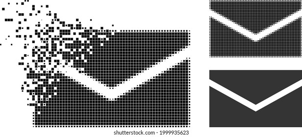 Fractured pixelated mail icon with halftone version. Vector wind effect for mail icon. Pixel dissolving effect for mail demonstrates movement of cyberspace concepts.