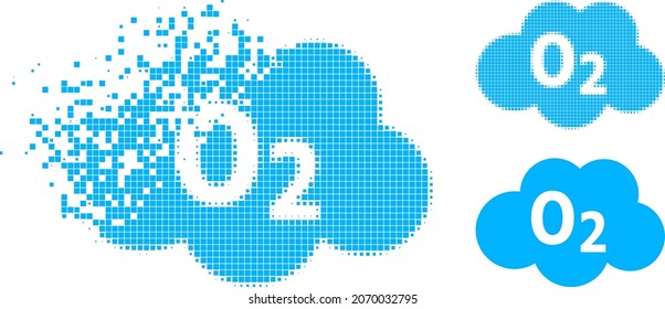 Fractured pixelated oxigen cloud pictogram with halftone version. Vector destruction effect for oxigen cloud pictogram.