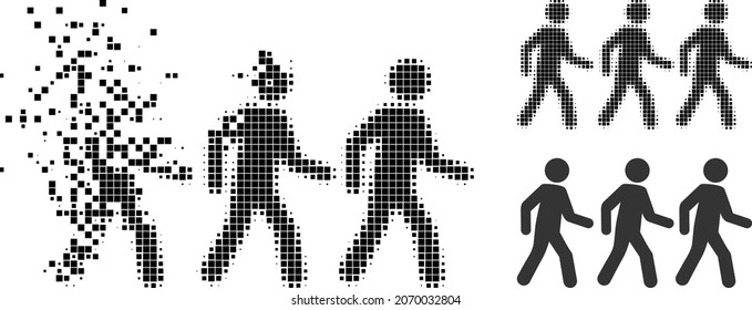 Fractured pixelated pedestrian people pictogram with halftone version. Vector destruction effect for pedestrian people pictogram.