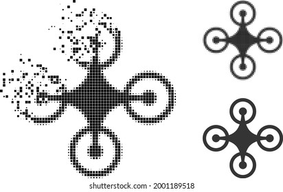 Fractured pixelated quadrocopter pictogram with halftone version. Vector wind effect for quadrocopter pictogram. Pixelated burst effect for quadrocopter gives movement of cyberspace things.