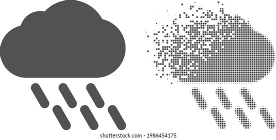 Icono de vector de lluvia pixelado fracturado con efecto de destrucción e imagen vectorial original. El efecto de desintegración de píxeles para la lluvia muestra velocidad y movimiento de abstracciones del ciberespacio.