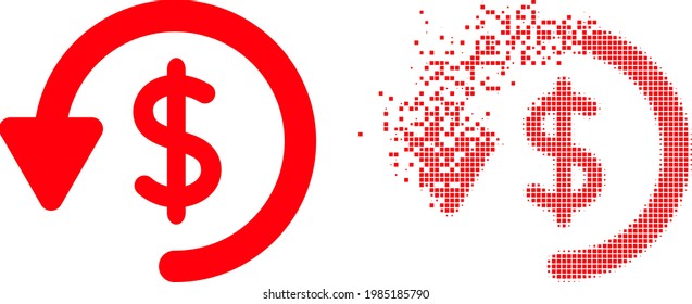 Fractured pixelated refund vector icon with wind effect, and original vector image. Pixel degradation effect for refund demonstrates speed and movement of cyberspace matter.