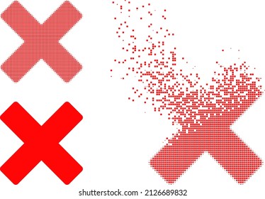 Fractured pixelated reject cross vector icon with wind effect, and original vector image. Pixel abrasion effect for reject cross shows speed and movement of cyberspace things.