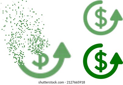Fractured pixelated repeat payment vector icon with destruction effect, and original vector image. Pixel burst effect for repeat payment shows speed and motion of cyberspace matter.