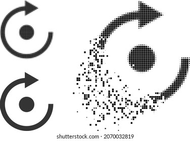 Fractured pixelated rotate pictogram with halftone version. Vector wind effect for rotate pictogram. Pixel dust effect for rotate reproduces movement of cyberspace items.