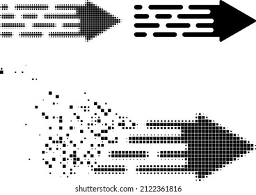 Gepixeltes Transition-Pfeil-Symbol mit halftone Version. Vektorzerstörungseffekt für das Pfeilsymbol des Übergangs. Der Pixelnebel-Effekt für den Übergangspfeil gibt die Geschwindigkeit der Dinge im Cyberspace.